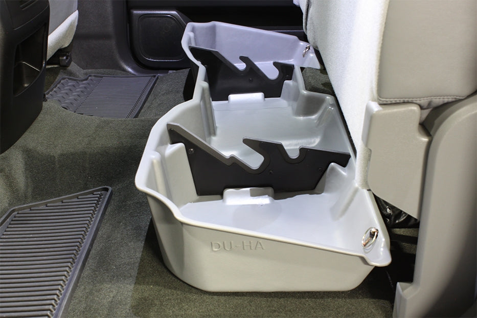DÜHA under-seat storage installed in a 2014-2019 Chevy Silverado / GMC Sierra Crew Cab