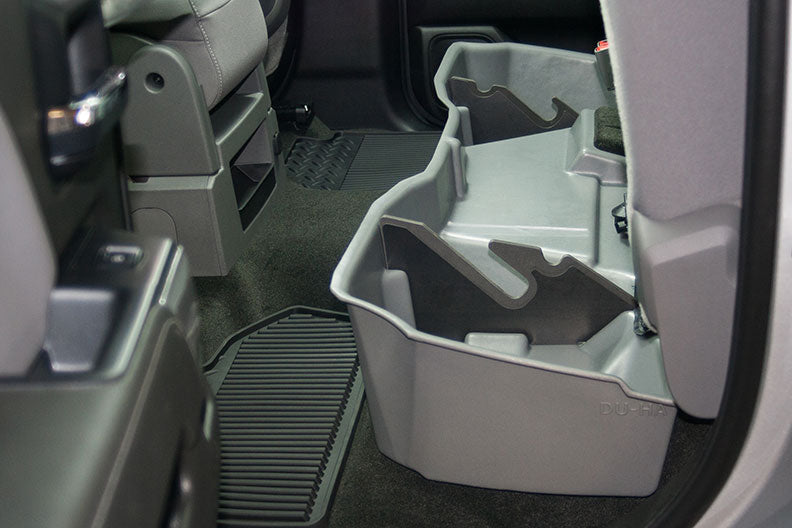 DÜHA under-seat storage installed in a 2014-2019 Chevy Silverado / GMC Sierra Double Cab