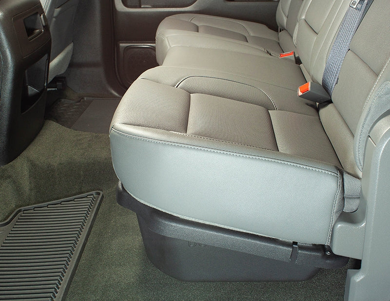 DÜHA lockable under-seat storage installed in a 2014-2019 Chevy Silverado / GMC Sierra Crew Cab