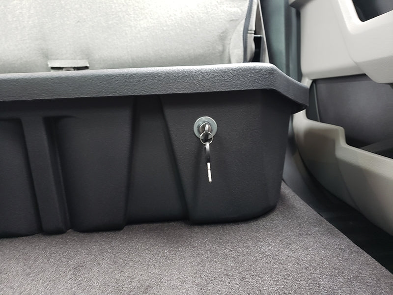 DÜHA lockable under-seat storage installed in a 2014-2019 Chevy Silverado / GMC Sierra Crew Cab