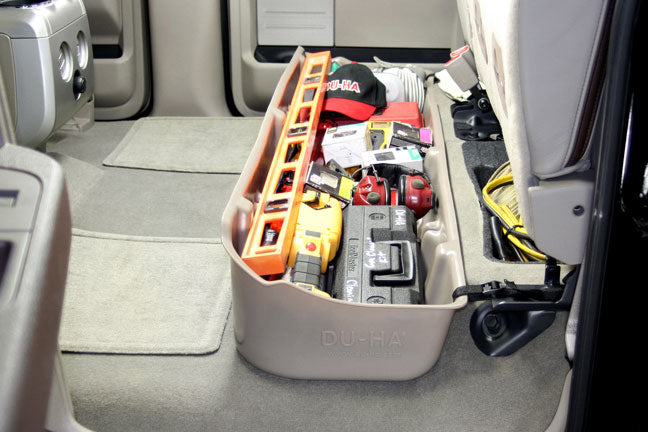 DÜHA Under Seat Storage fits 2009-2014 Ford F150 SuperCrew without Factory Subwoofer | Black Heavy-Duty Back Seat Organizer, Includes 2-Piece Dividers