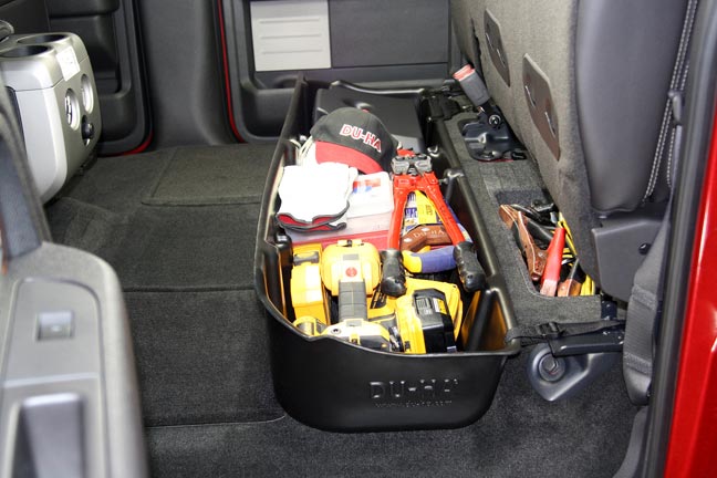 DÜHA Under Seat Storage fits 2009-2014 Ford F150 SuperCrew with Factory Subwoofer | Black Heavy-Duty Back Seat Organizer, Includes 2-Piece Dividers