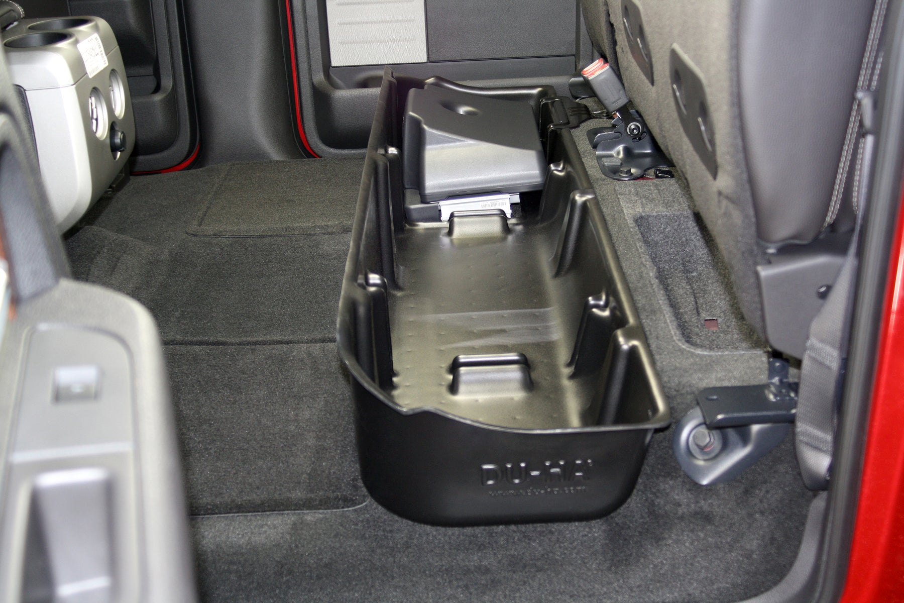 DÜHA Under Seat Storage fits 2009-2014 Ford F150 SuperCrew with Factory Subwoofer | Black Heavy-Duty Back Seat Organizer, Includes 2-Piece Dividers