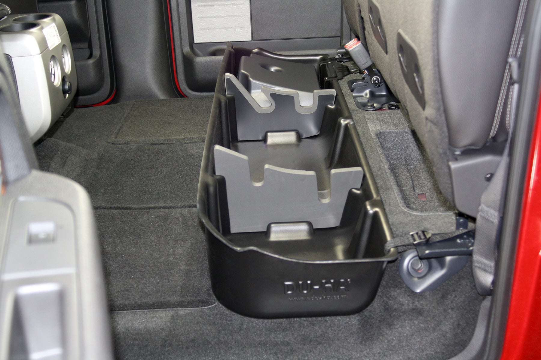 DÜHA Under Seat Storage fits 2009-2014 Ford F150 SuperCrew with Factory Subwoofer | Black Heavy-Duty Back Seat Organizer, Includes 2-Piece Dividers