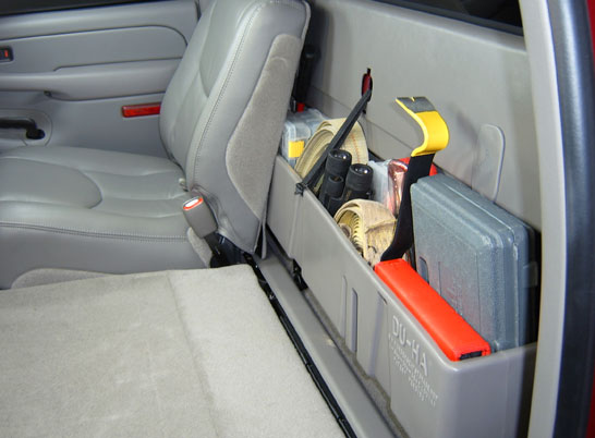 DÜHA behind-the-seat storage installed in a 2004-2007 Chevy Silverado / GMC Sierra 1500 Crew Cab