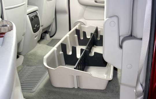 DÜHA under-seat storage installed in a 2007-2014 Chevy Silverado / GMC Sierra Crew Cab