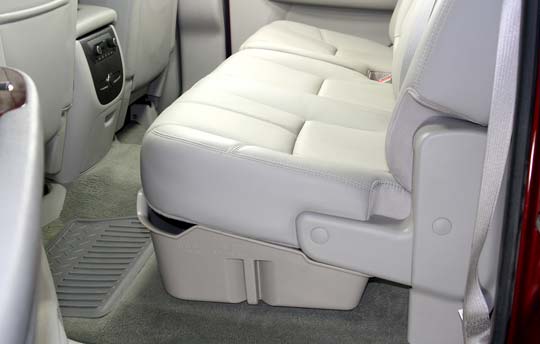 DÜHA under-seat storage installed in a 2007-2014 Chevy Silverado / GMC Sierra Crew Cab