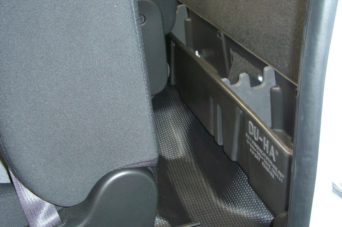 DÜHA behind-the-seat storage installed in a 2007-2019 Chevy Silverado / GMC Sierra Regular Cab