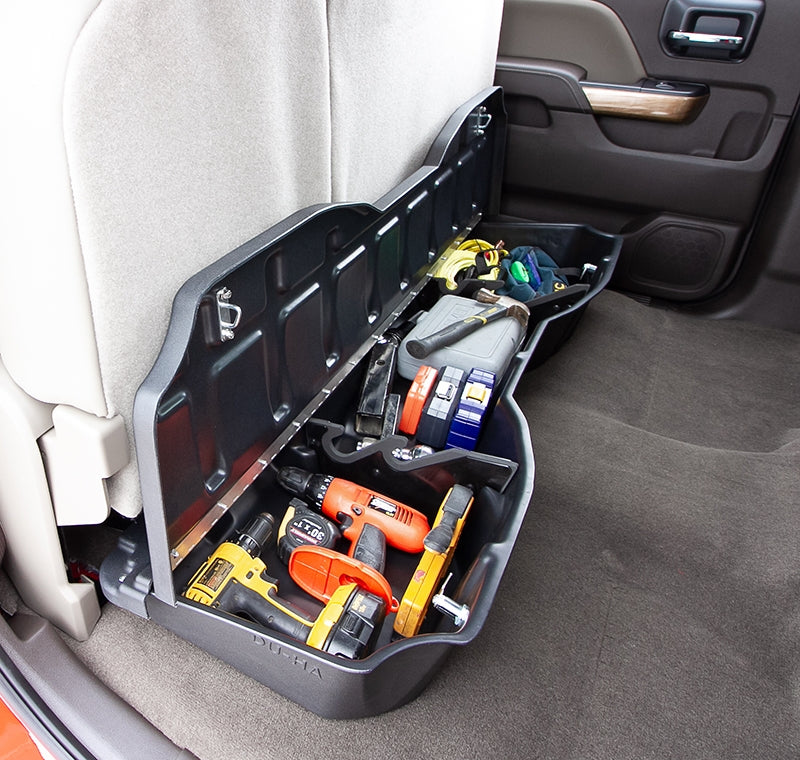 DÜHA lockable under-seat storage installed in a 2014-2019 Chevy Silverado / GMC Sierra Crew Cab