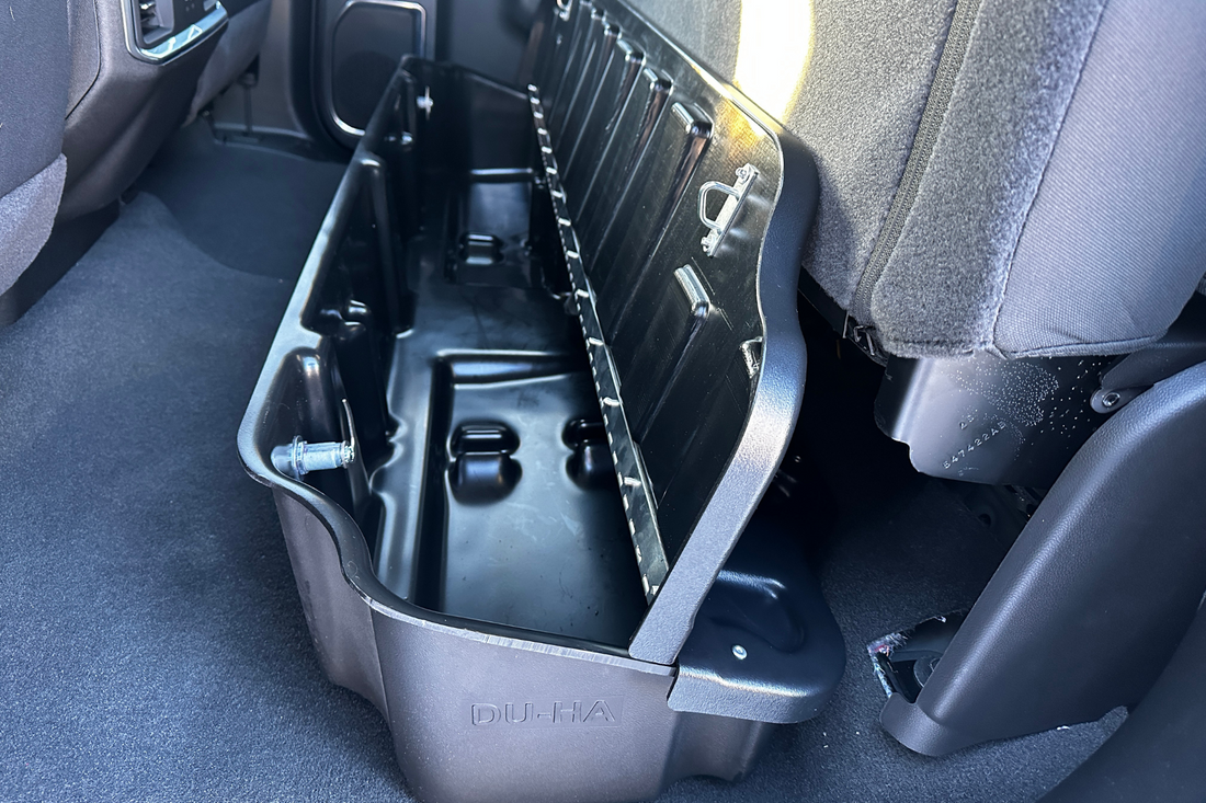 DÜHA Lockable Heavy-Duty Under Seat Storage fits 2019-2025 Chevy Silverado/GMC Sierra Light Duty &amp; 2020-2025 Heavy Duty Double Cab | Heavy-Duty Back Seat Organizer, Includes 2 Keys | Black 10430