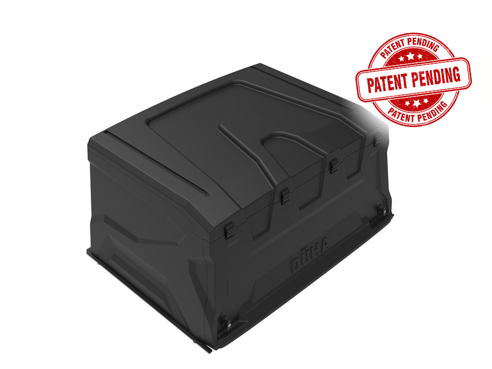 DÜHA UTV Topper hard-shell cargo bed cover, closed view with patent pending badge