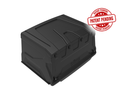 DÜHA UTV Topper hard-shell cargo bed cover, closed view with patent pending badge